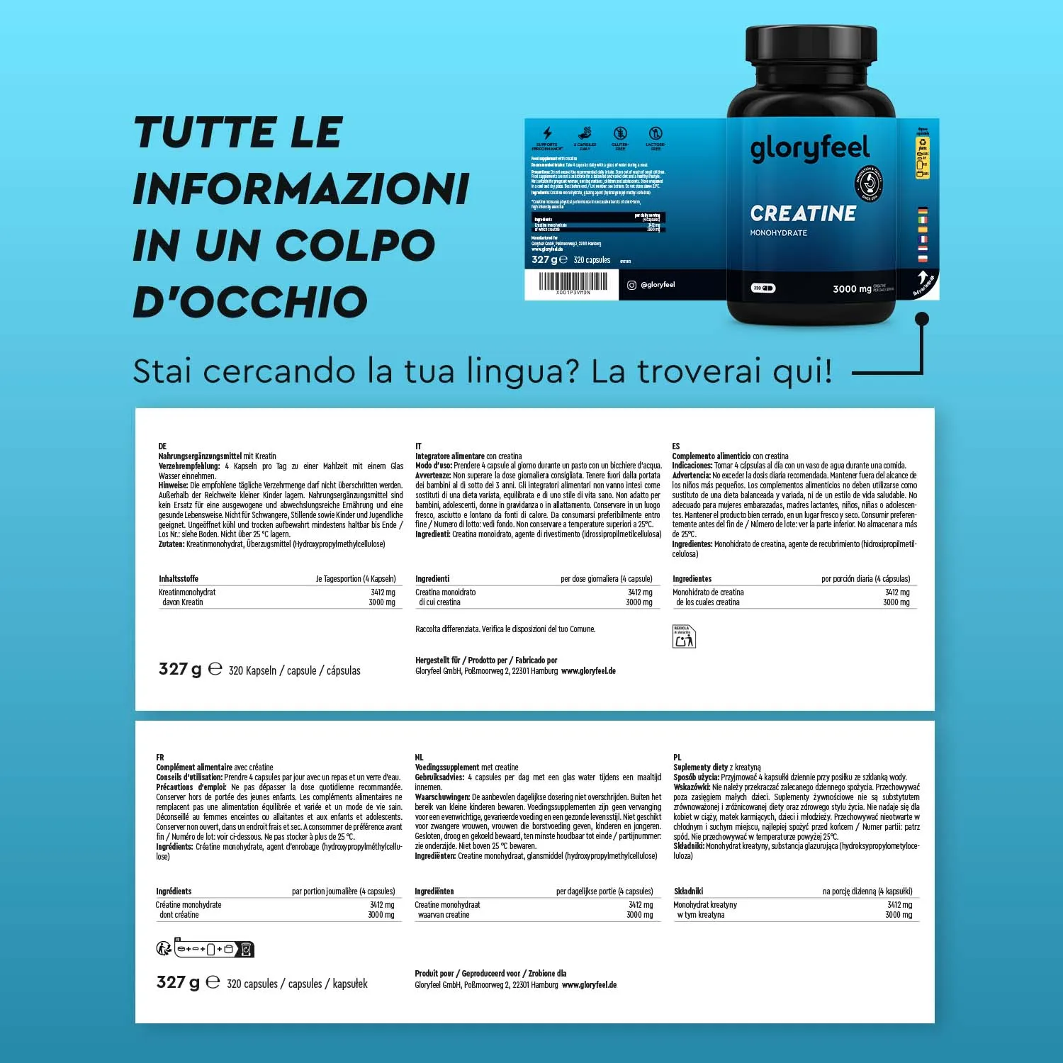 Gloryfeel Creatina 3000mg capsule monoidrato vegane