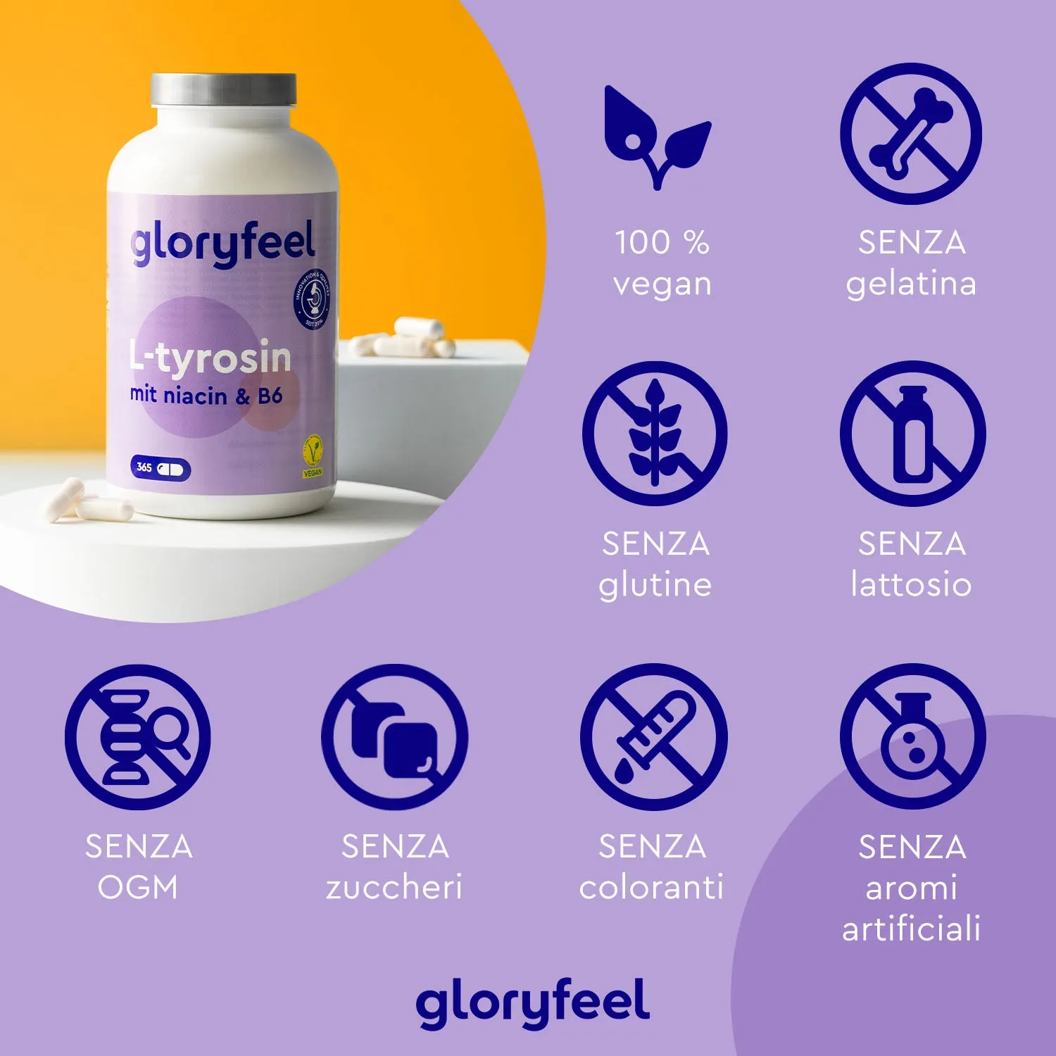 gloryfeel L-Tirosina Capsule 365pz focus B3 B12 vegan