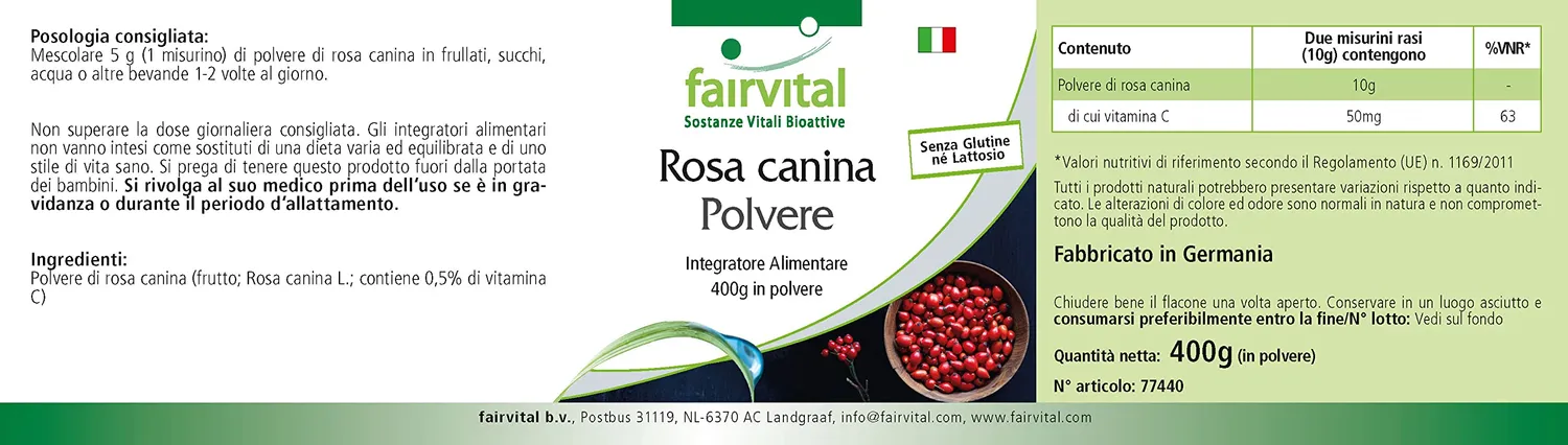 FAIRVITAL Rosa Canina Polvere 400g Vitamina C Naturale