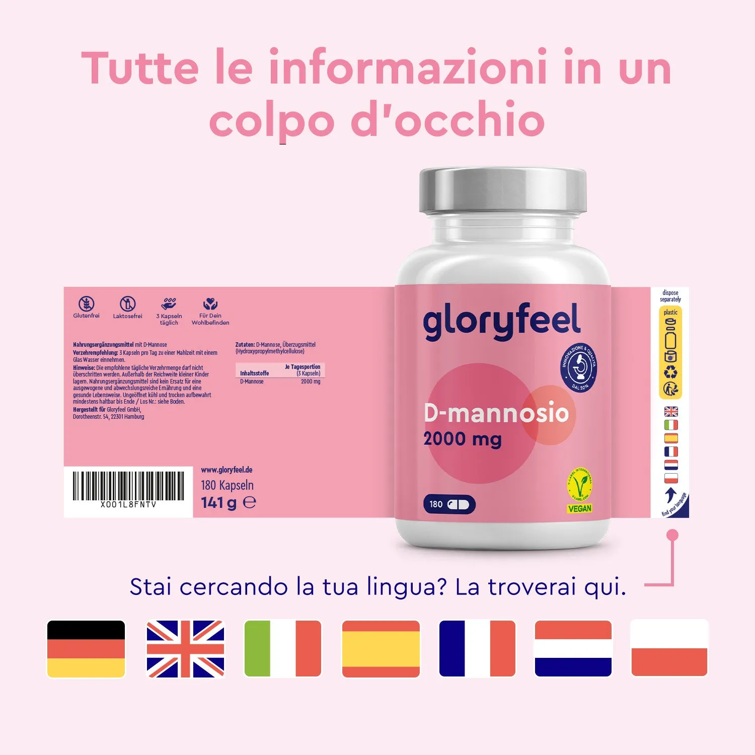gloryfeel D-Mannosio 2000 mg 180 capsule vegane