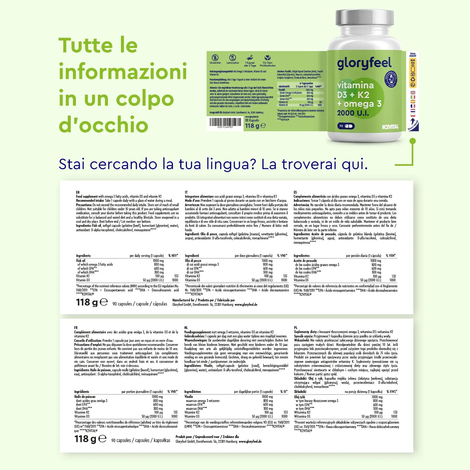 gloryfeel Vitamina D3 K2 Omega 3 capsule 90 softgel EPA DHA