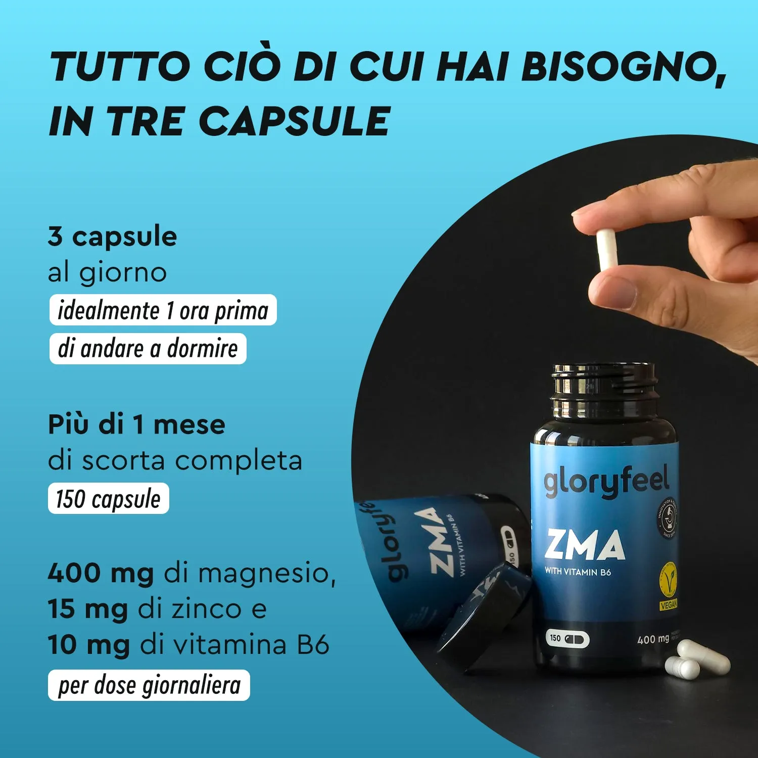 gloryfeel ZMA con vitamina B6 capsule magnesio e zinco