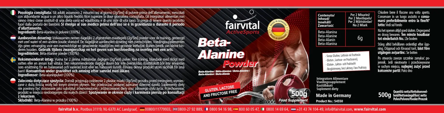 Fairvital Beta-Alanina polvere 500 g pura vegana