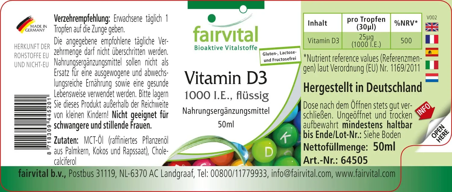 Fairvital Vitamina D3 gocce 50 ml 1000 UI olio MCT