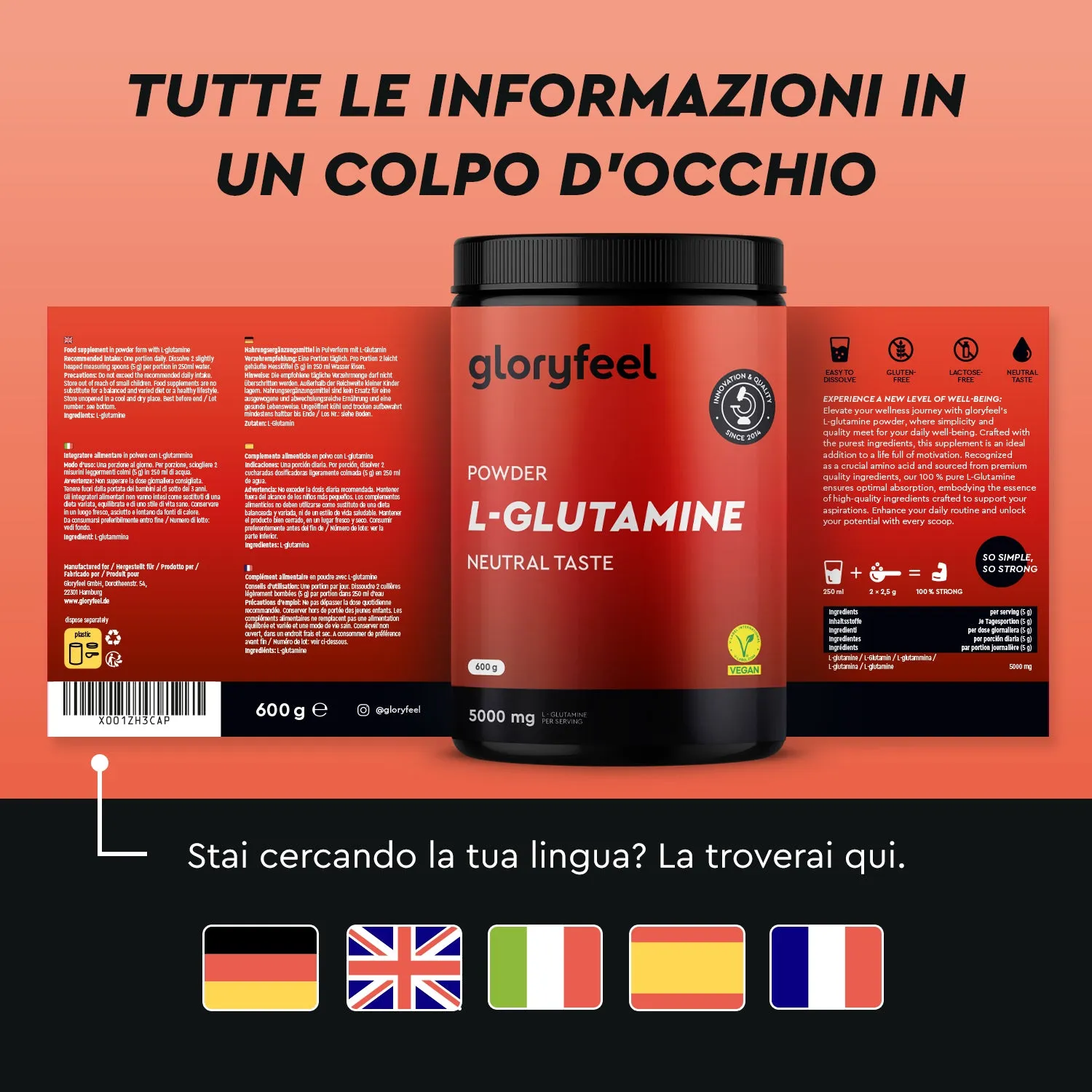 gloryfeel Glutammina in Polvere Integratore senza glutine