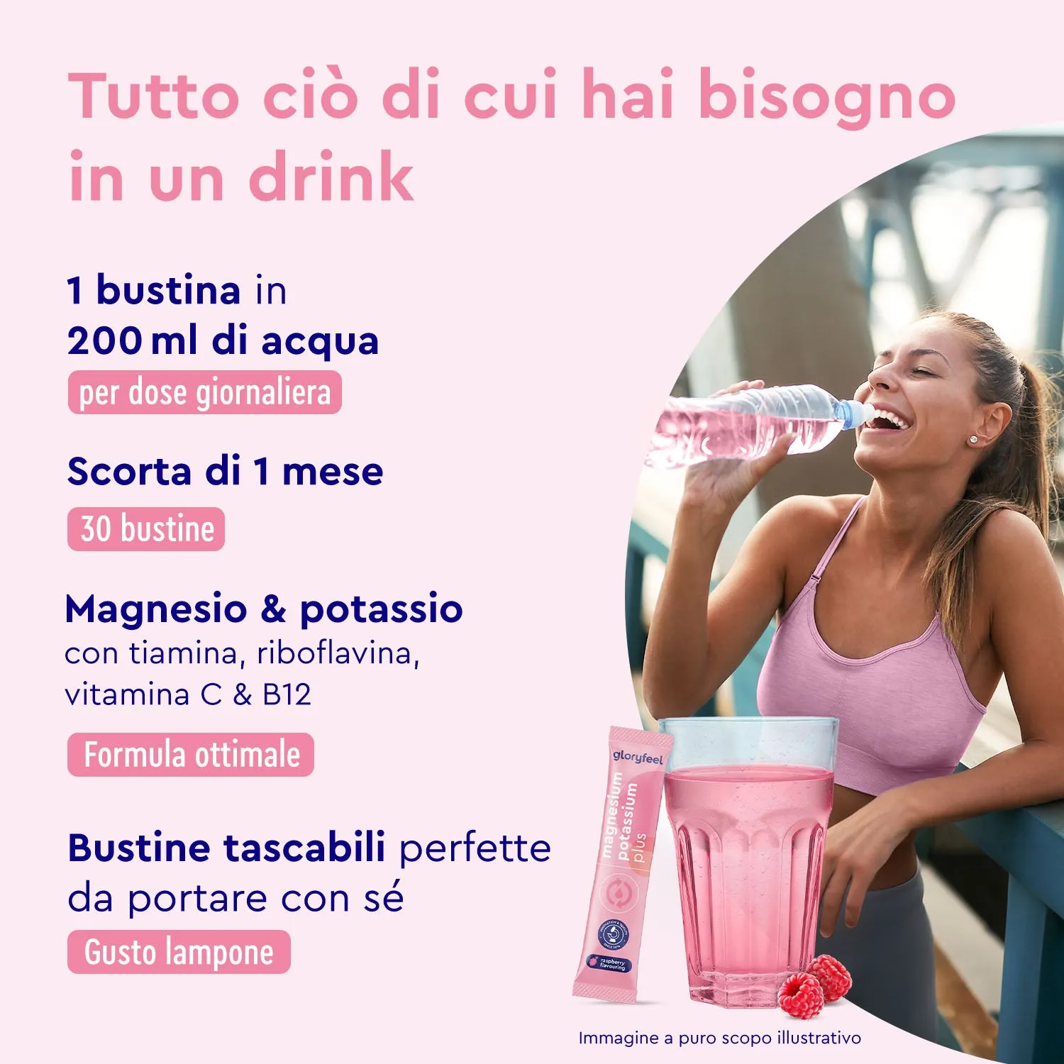 gloryfeel Magnesio e Potassio bustine lampone per muscoli ed energia