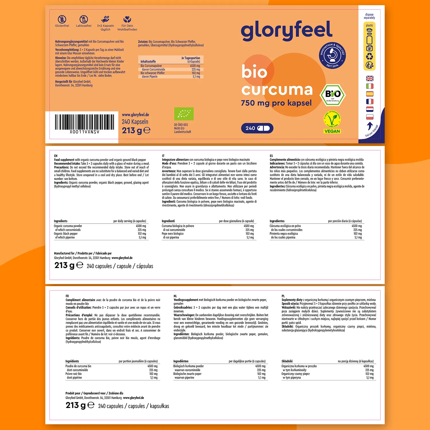 gloryfeel Bio Curcuma capsule 240 pezzi con pepe