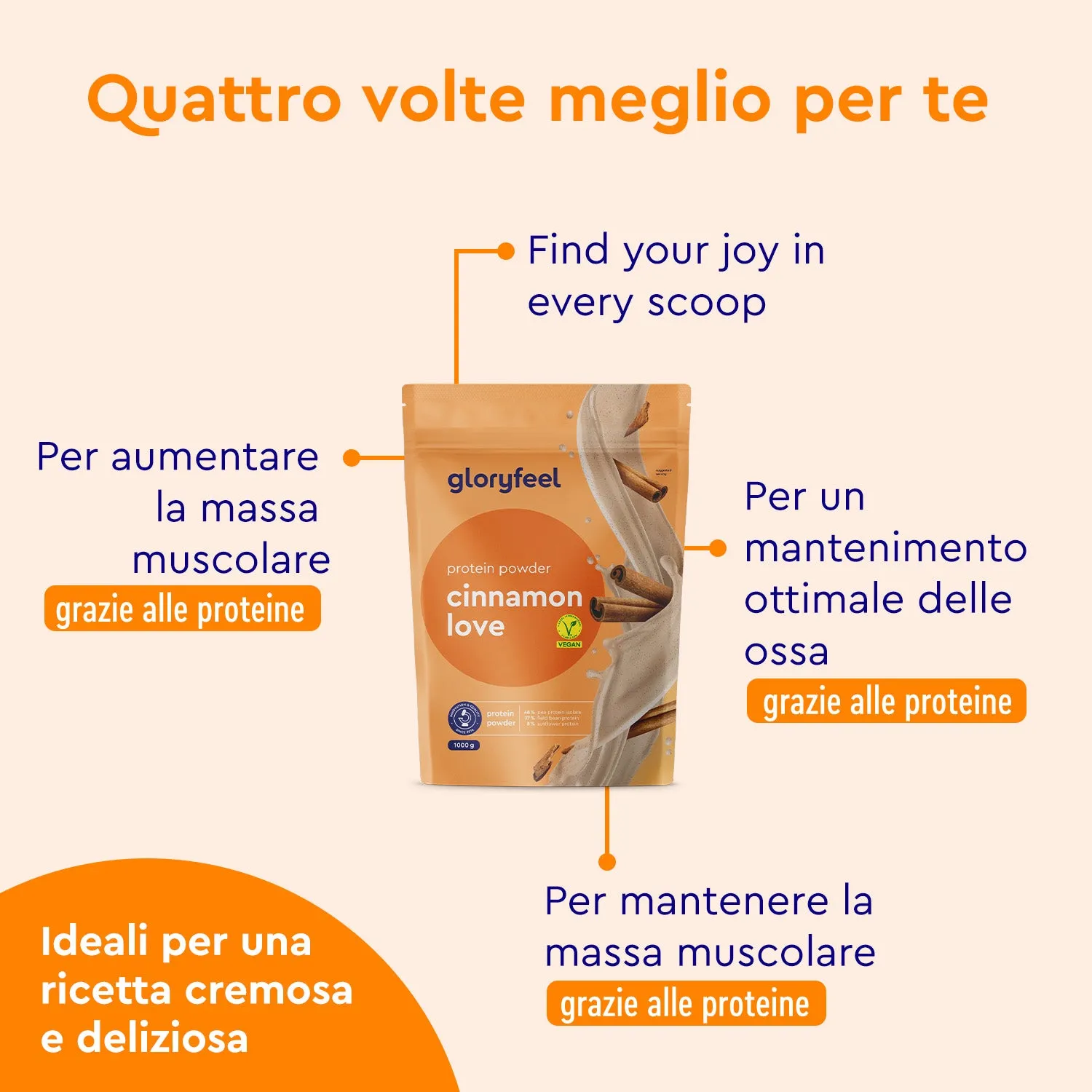 gloryfeel Proteine Vegane Cannella polvere 22g proteine