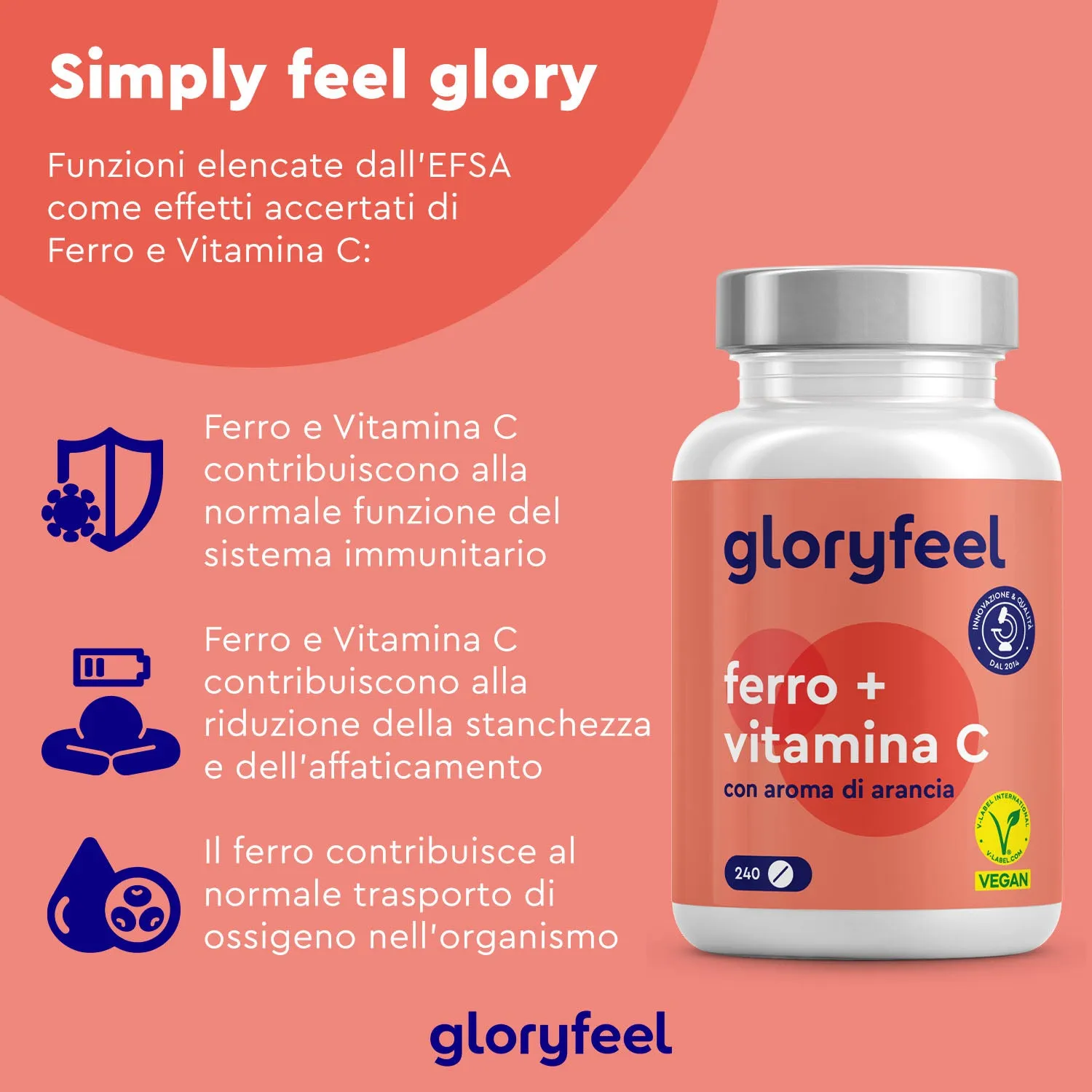 gloryfeel Ferro con Vitamina C integratore 240 compresse arancia