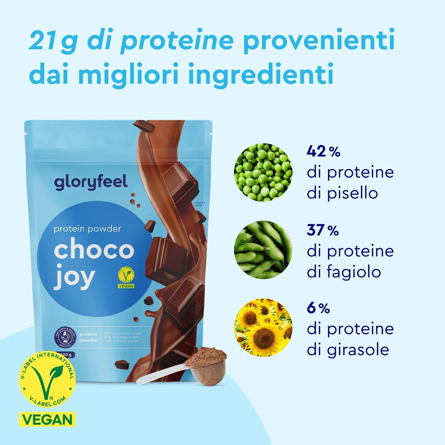 gloryfeel Choco Joy proteine in polvere gusto cioccolato vegane