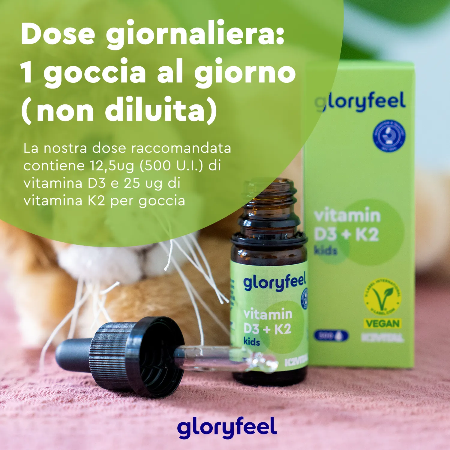 gloryfeel Vitamina D3 K2 Gocce Kids 300 gocce vegan ossa
