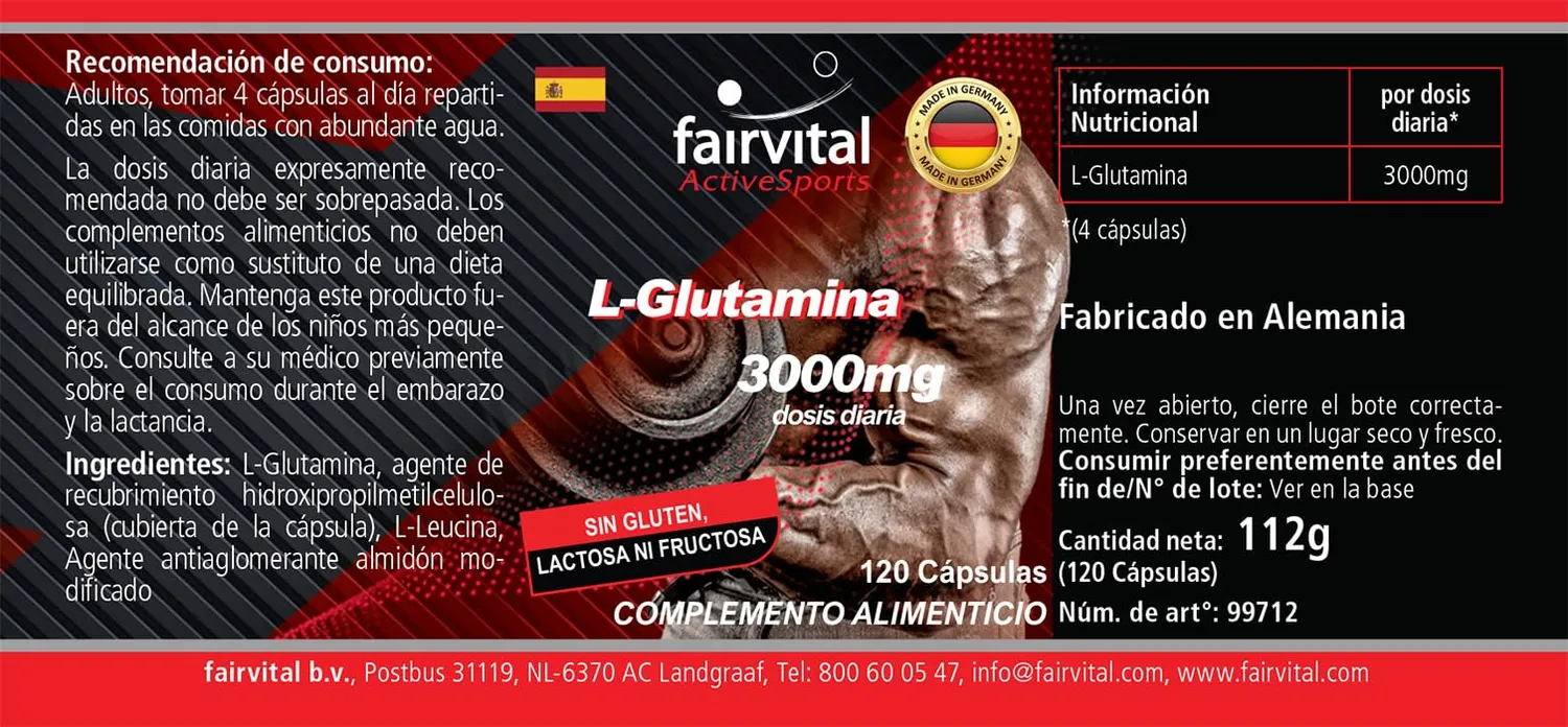 Fairvital L-Glutammina 3000 mg capsule 120 alto dosaggio vegano