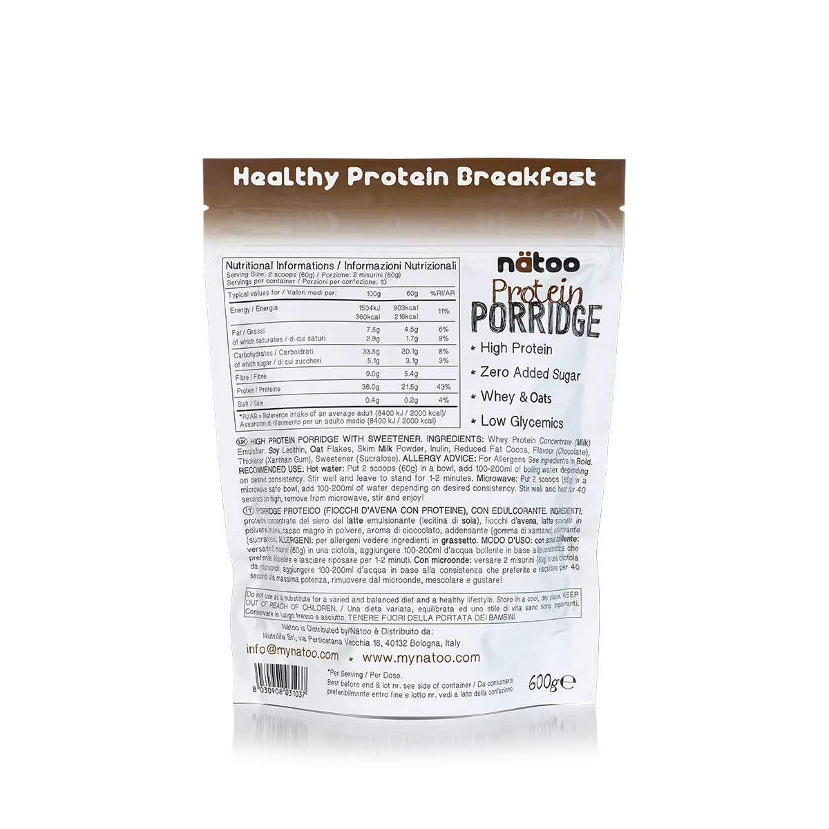 Natoo Food Porridge Proteico 600 g gusto cioccolato 21 g proteine