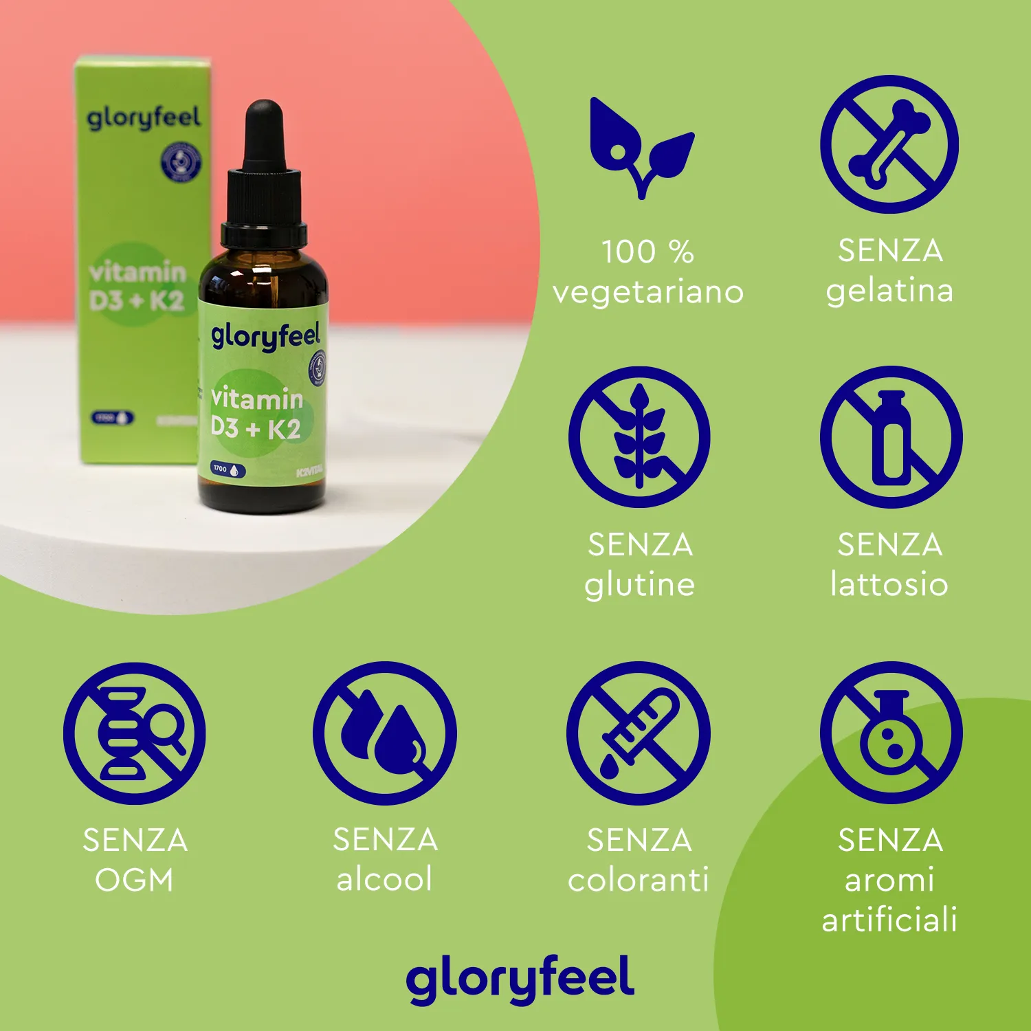 gloryfeel Vitamina D3 K2 gocce vegetariane K2VITAL ossa immunita