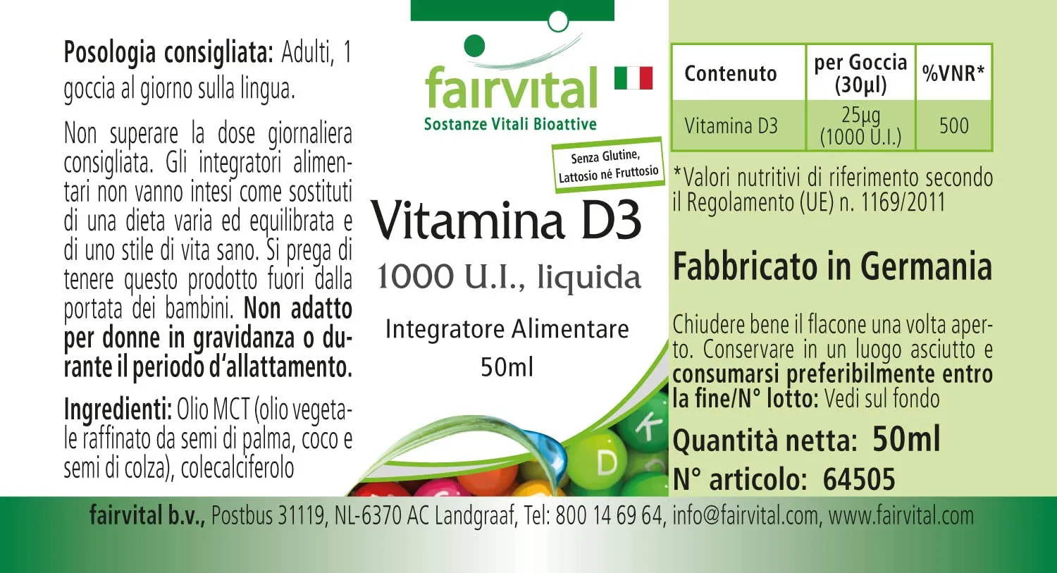 Fairvital Vitamina D3 gocce 50 ml 1000 UI olio MCT