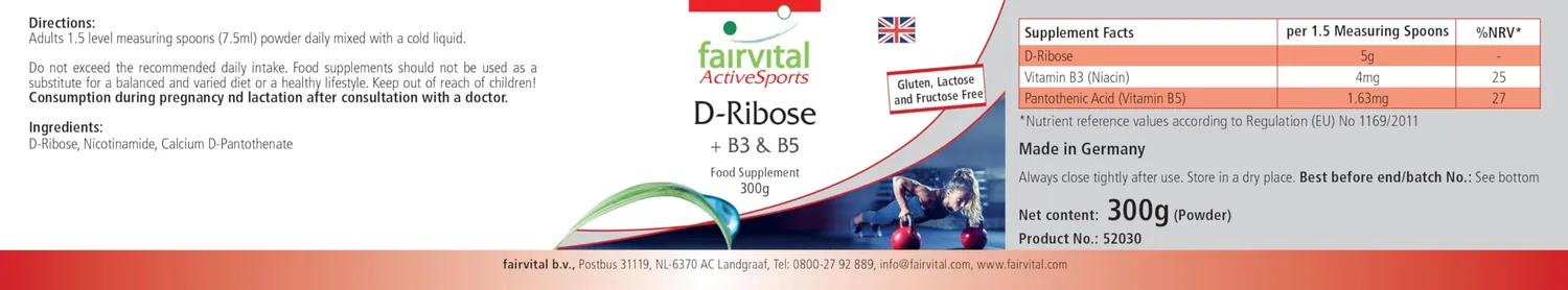 Fairvital D-Ribosio Polvere 300 g con B3 e B5 vegano