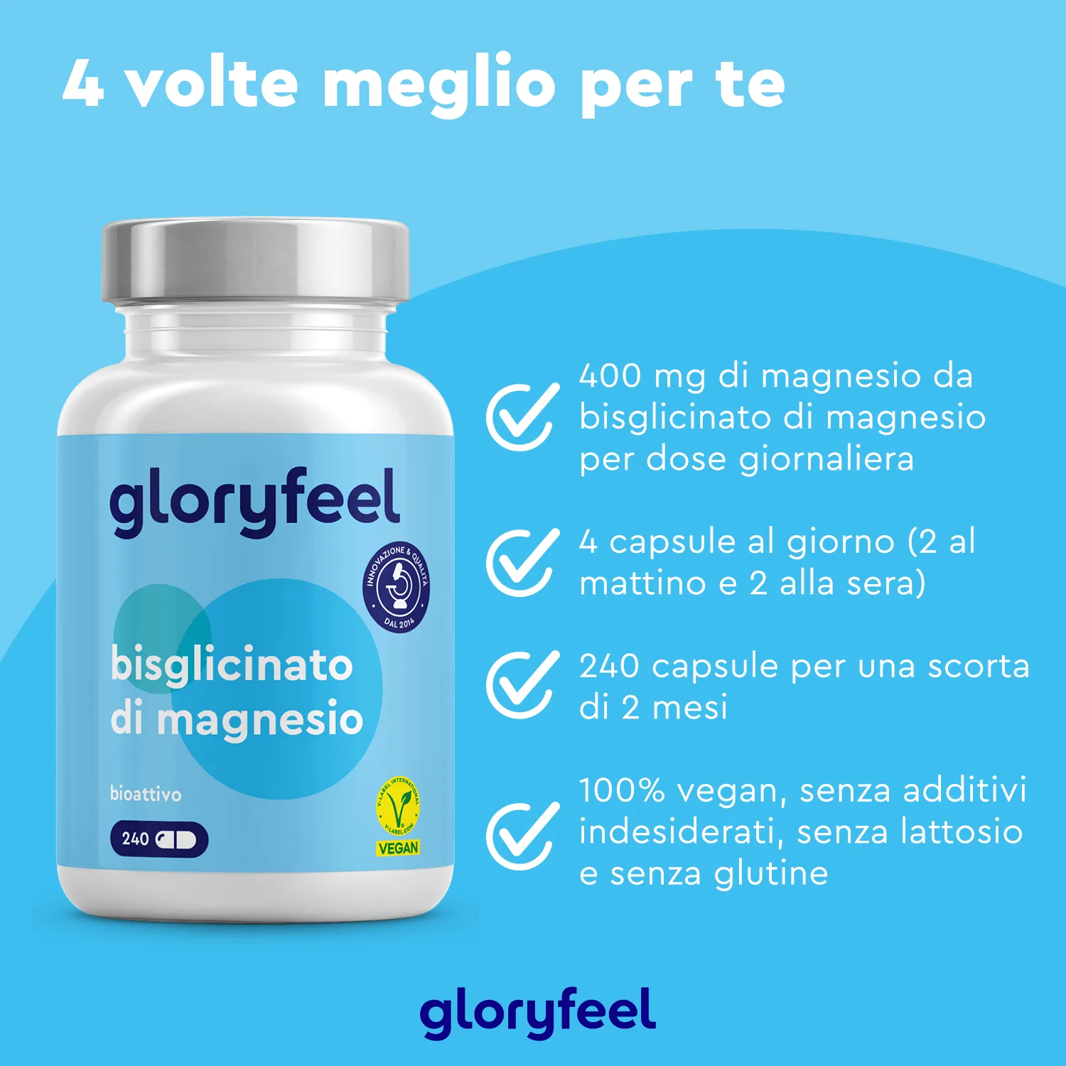 gloryfeel Bisglicinato di Magnesio capsule vegane senza glutine