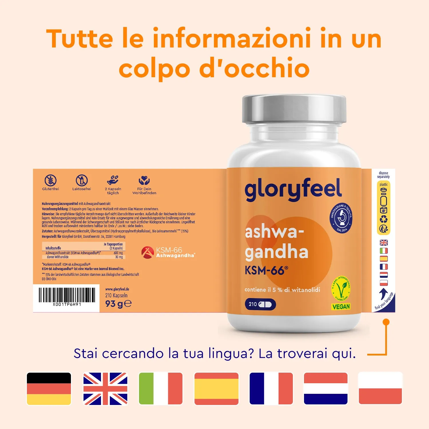 gloryfeel Ashwagandha KSM-66 capsule estratto radice