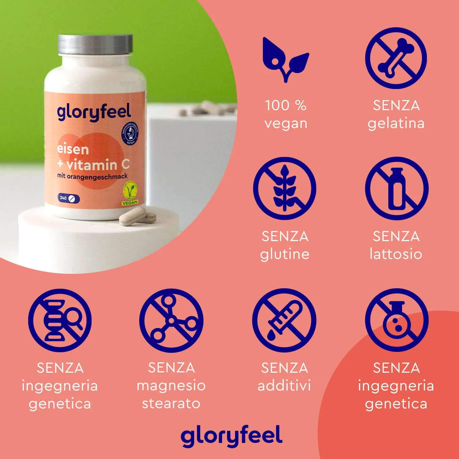 gloryfeel Ferro con Vitamina C integratore 240 compresse arancia