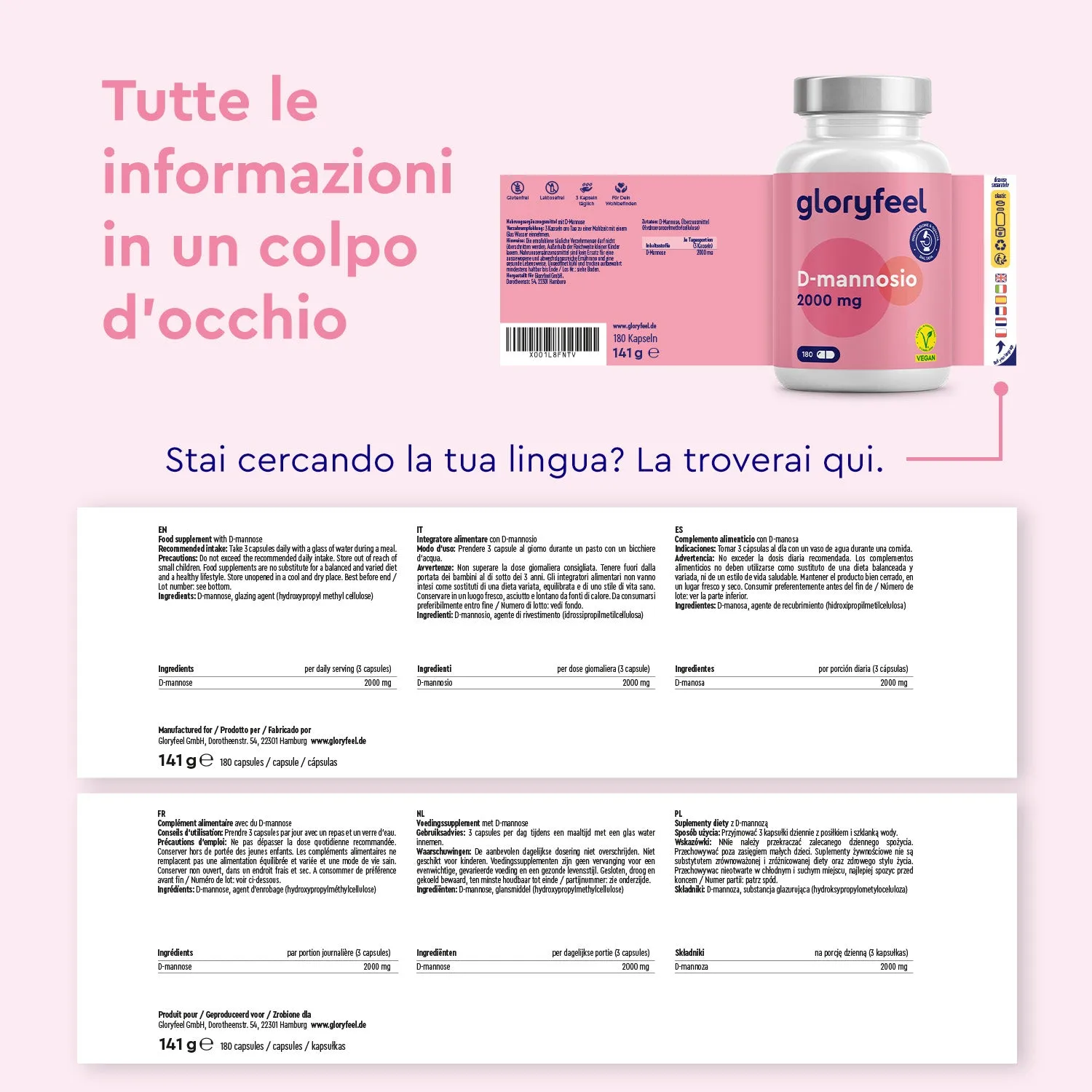 gloryfeel D-Mannosio 2000 mg 180 capsule vegane