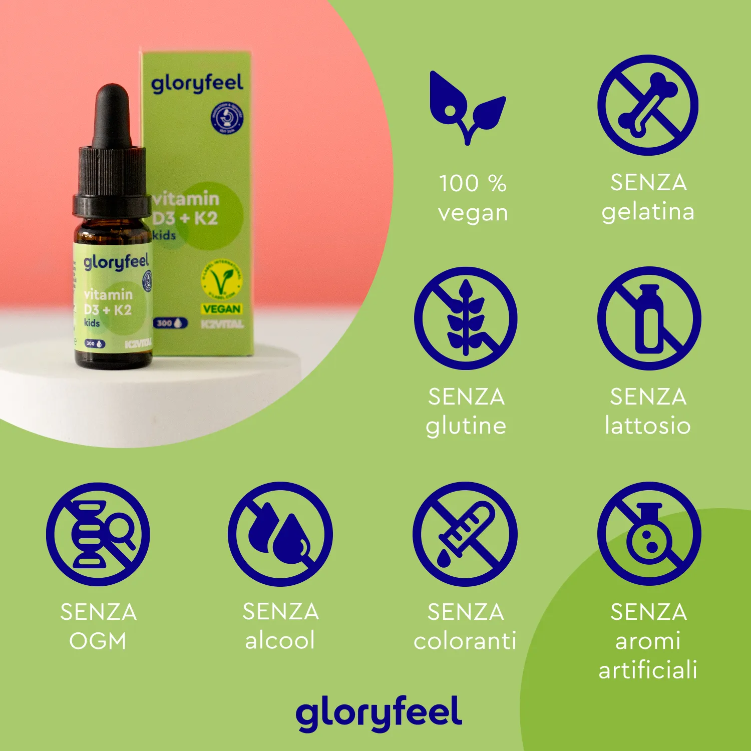 gloryfeel Vitamina D3 K2 Gocce Kids 300 gocce vegan ossa