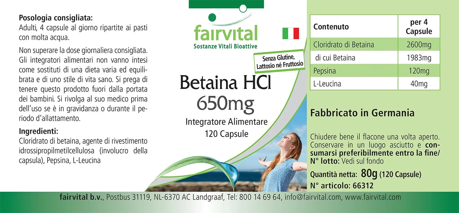 FAIRVITAL Betaina HCl 650 mg capsule 120 capsule con pepsina