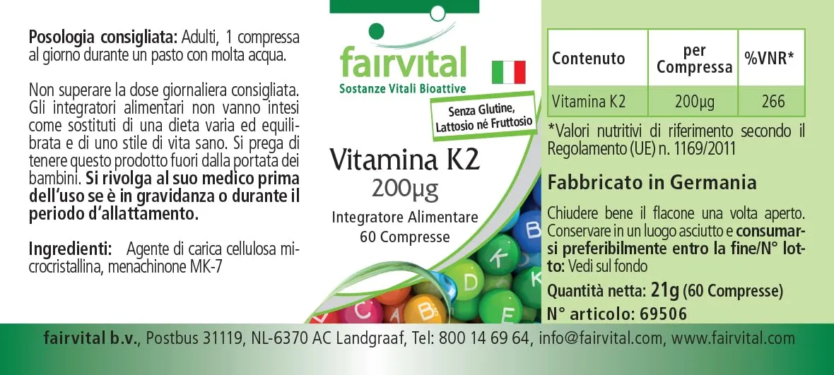 Fairvital Vitamina K2 MK-7 200 mcg compresse 60 compresse natto