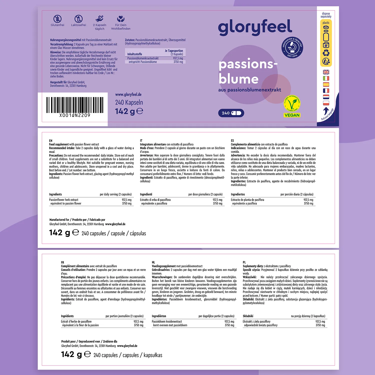 gloryfeel Passiflora Integratore 240 capsule rilassante