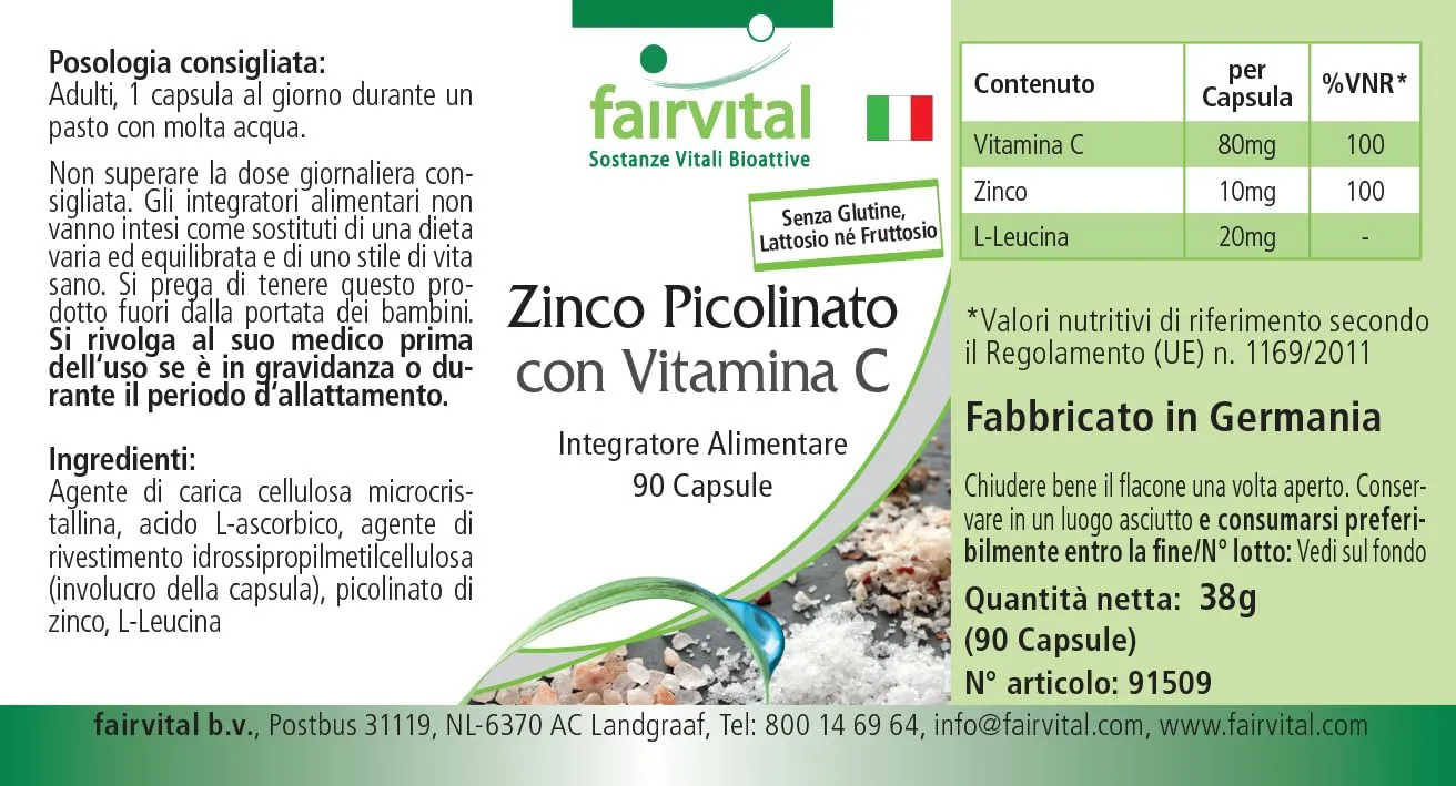 Fairvital Zinco Picolinato Vitamina C capsule 90 vegane zinco 10 mg