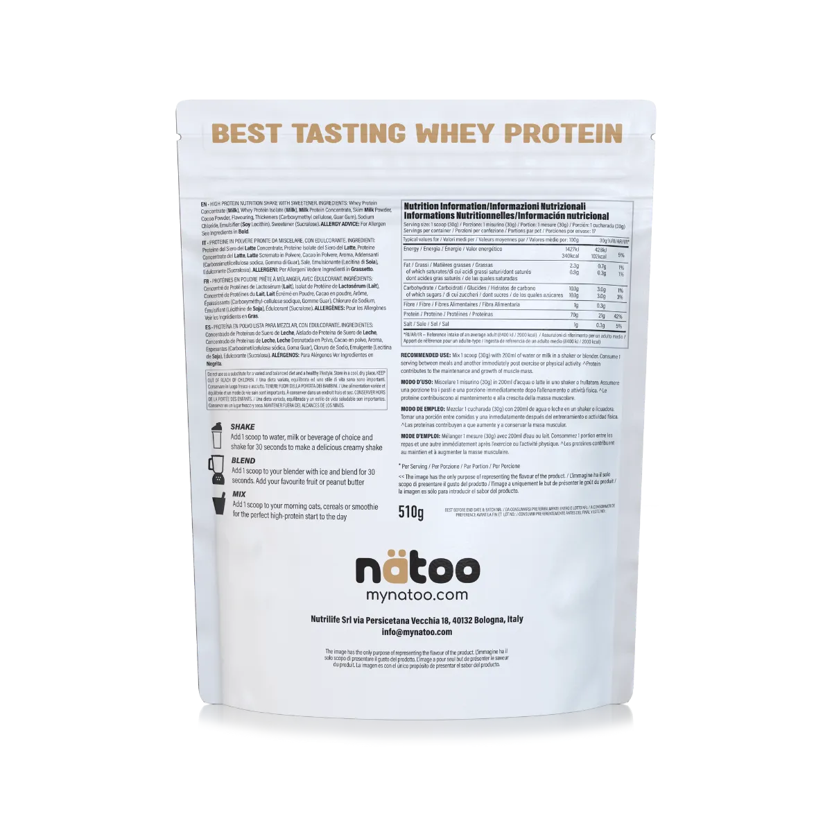 Natoo Performance Whey proteine 510g Belgian Chocolate grass-fed