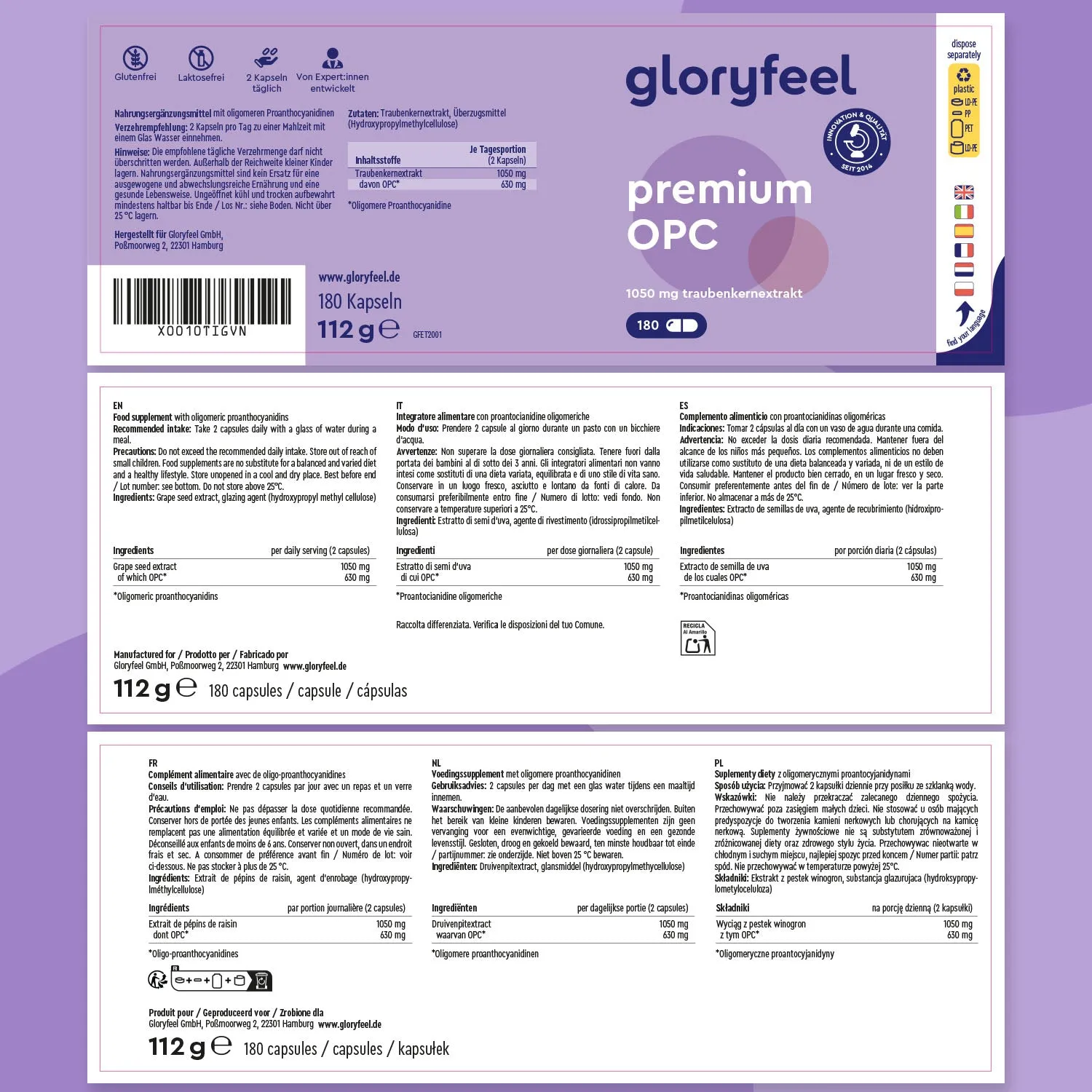 gloryfeel OPC Premium 180 capsule estratto semi uva
