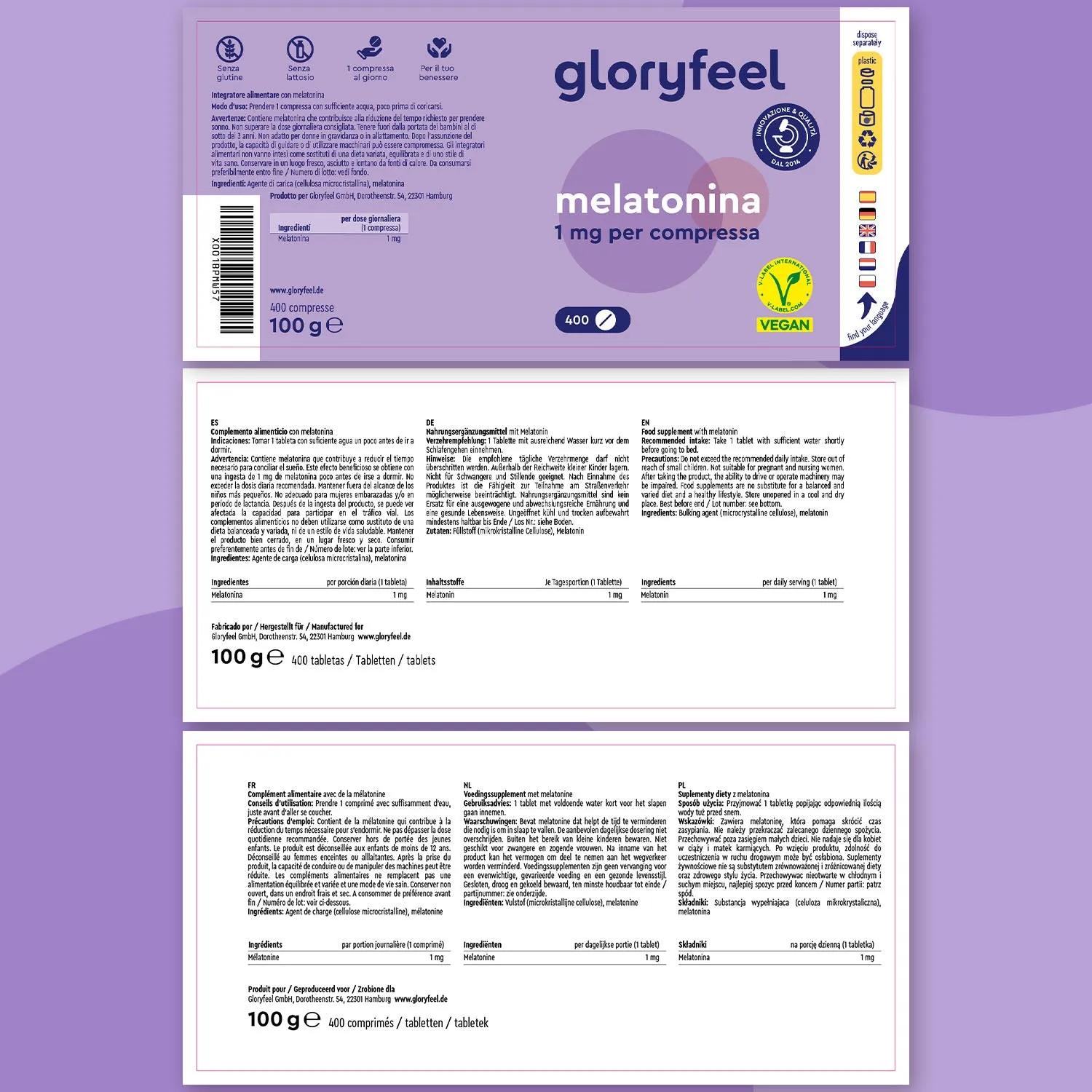 Gloryfeel Melatonina 1 mg compresse 400 pezzi vegan