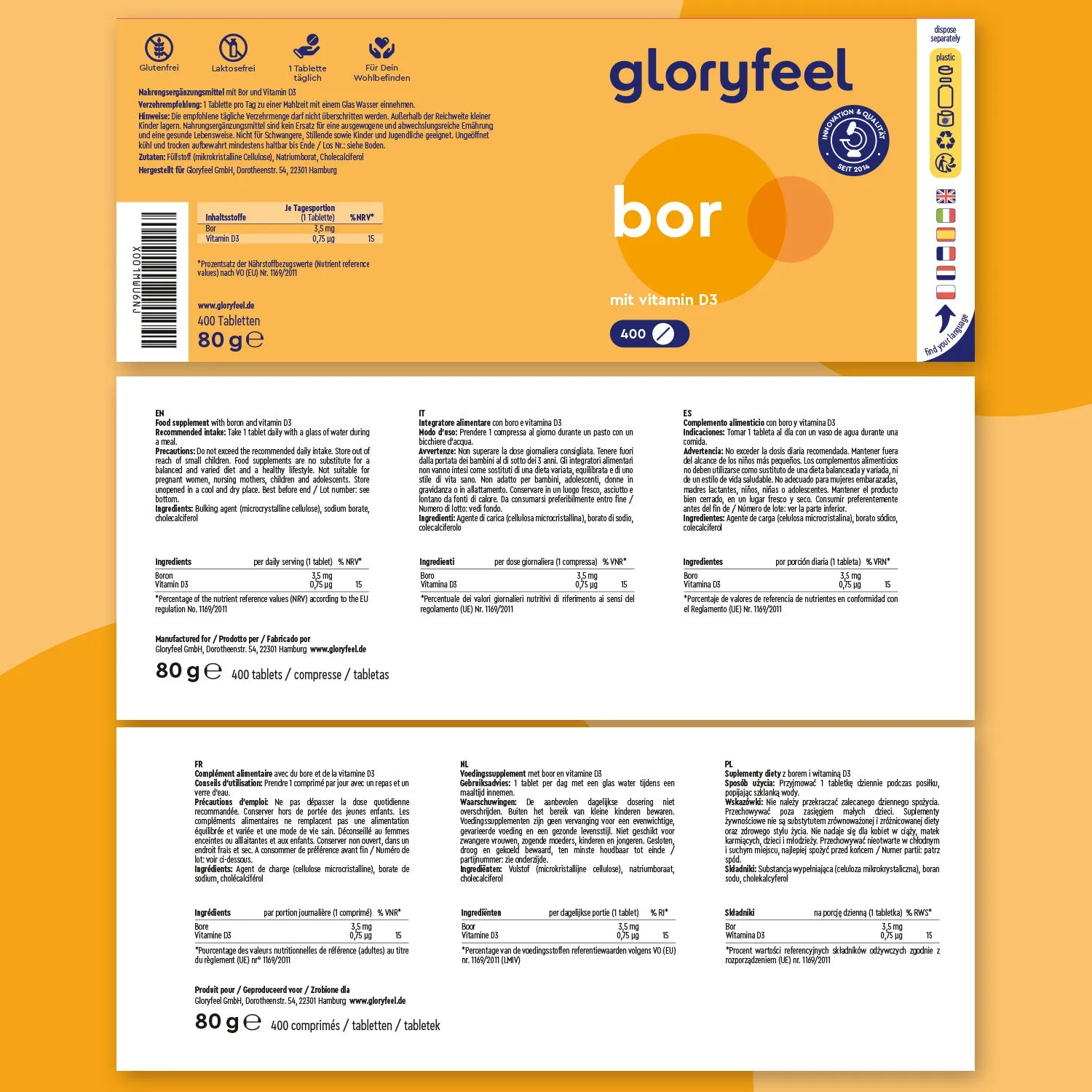 gloryfeel Boro compresse 400 con vitamina D3 per ossa