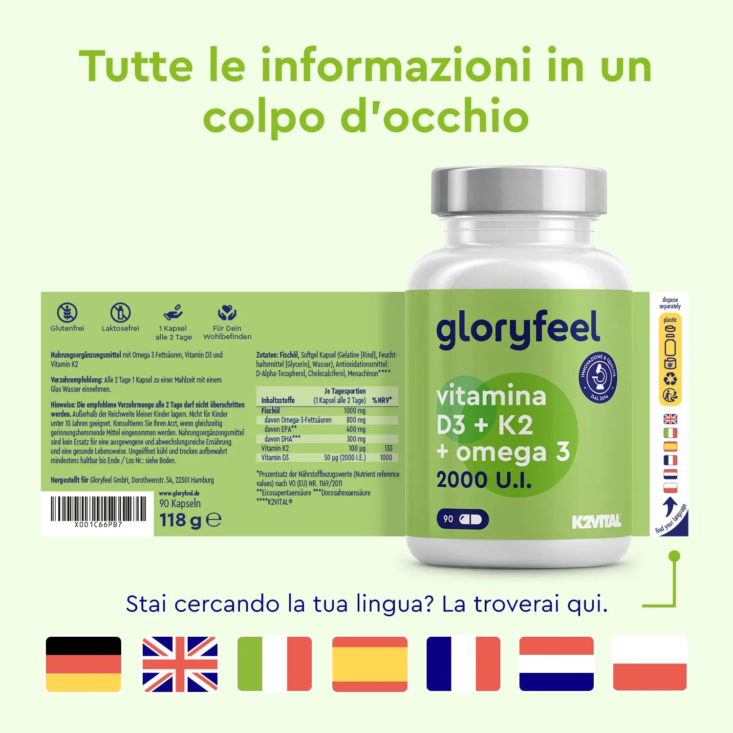 gloryfeel Vitamina D3 K2 Omega 3 capsule 90 softgel EPA DHA