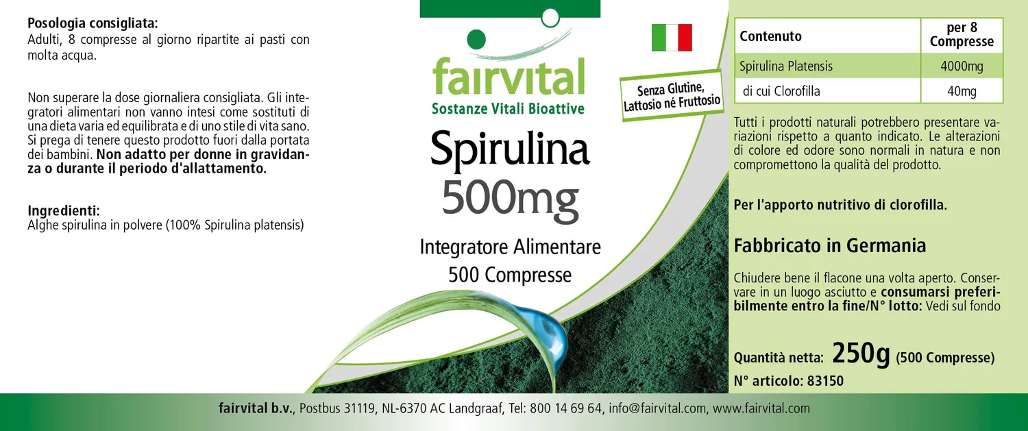 FAIRVITAL Spirulina Compresse 500mg 500 pezzi Alto Dosaggio