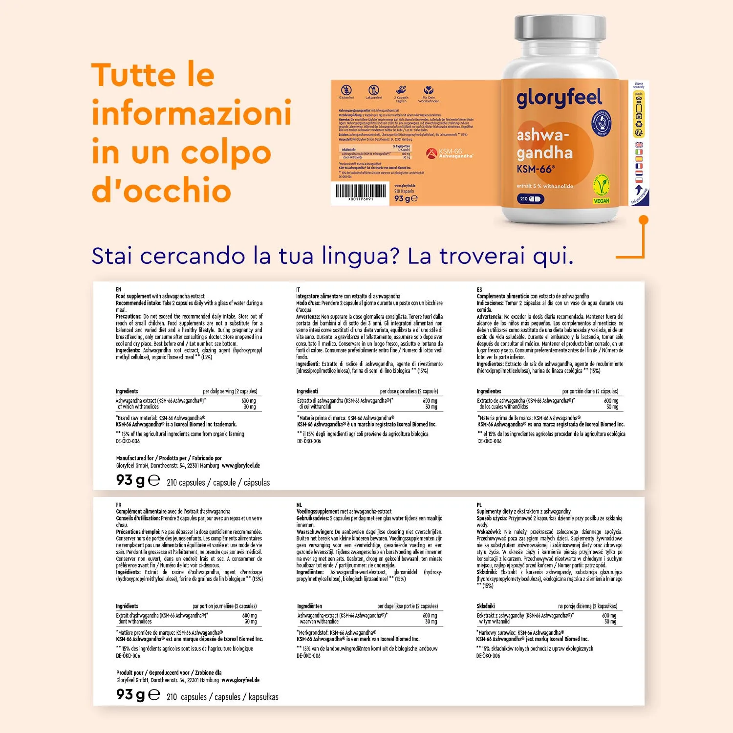 gloryfeel Ashwagandha KSM-66 capsule estratto radice