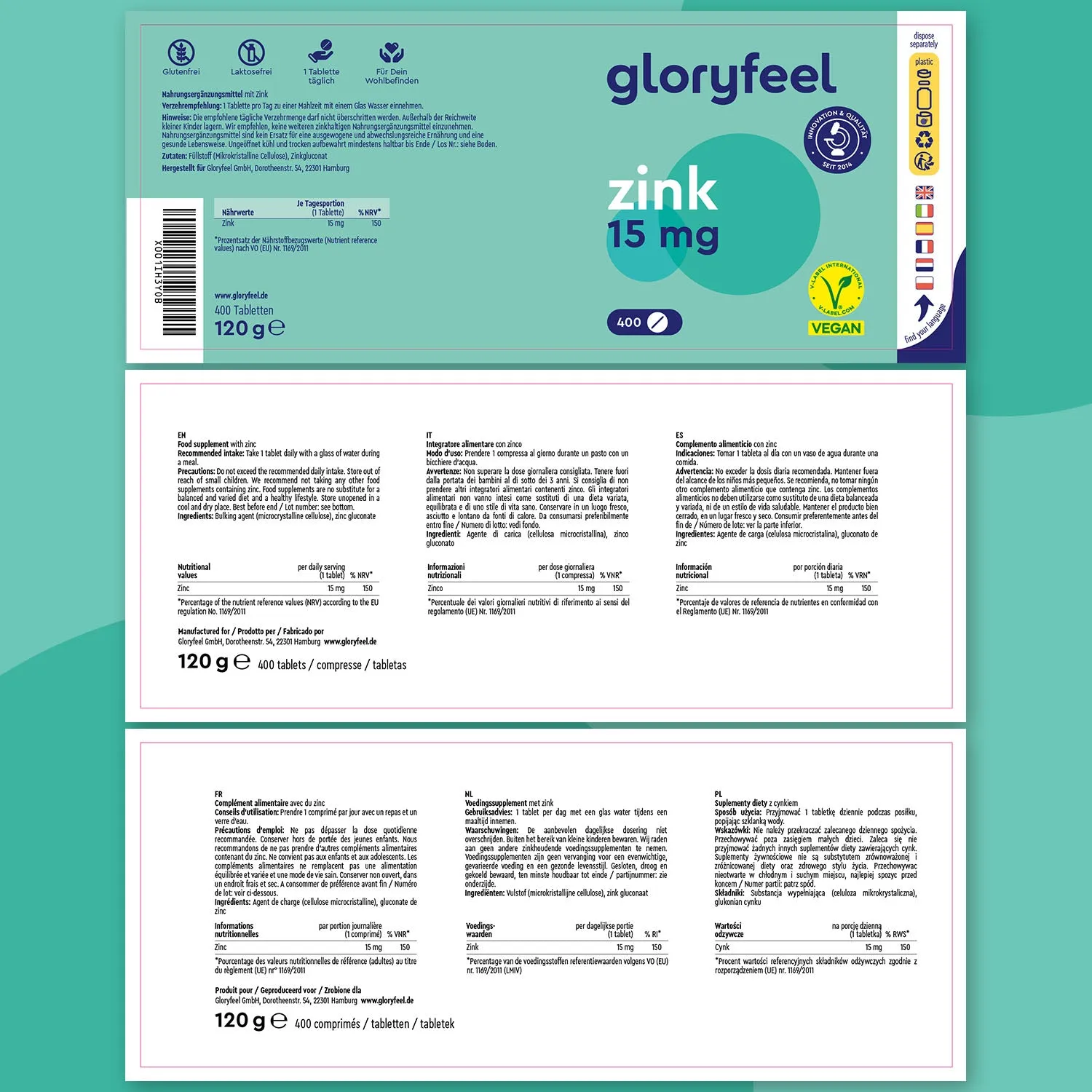 Gloryfeel Zinco 15mg compresse 400 compresse vegane