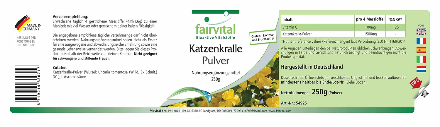 Fairvital Unghia di Gatto 1500mg polvere 250g con vitamina C