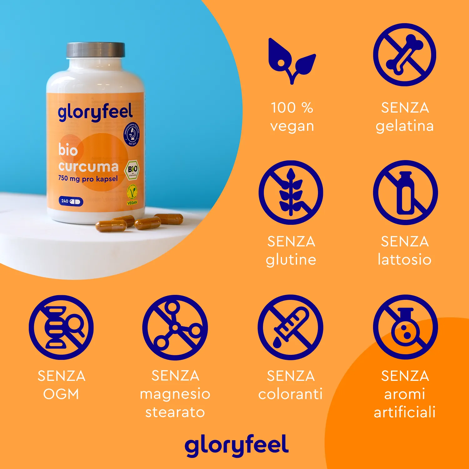 gloryfeel Bio Curcuma capsule 240 pezzi con pepe
