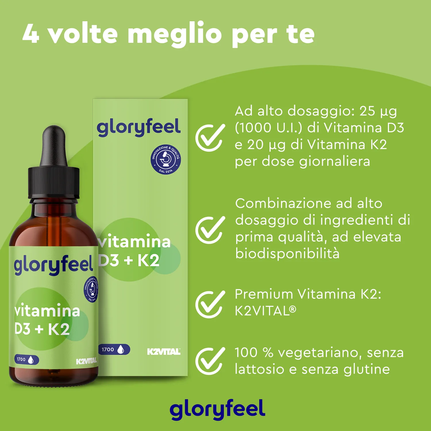 gloryfeel Vitamina D3 K2 gocce vegetariane K2VITAL ossa immunita