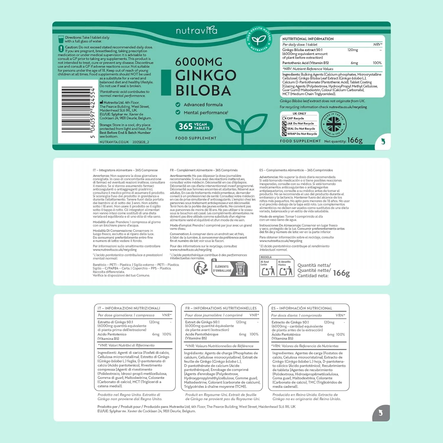 Nutravita Ginkgo Biloba 6000mg compresse 365 con vitamina B5