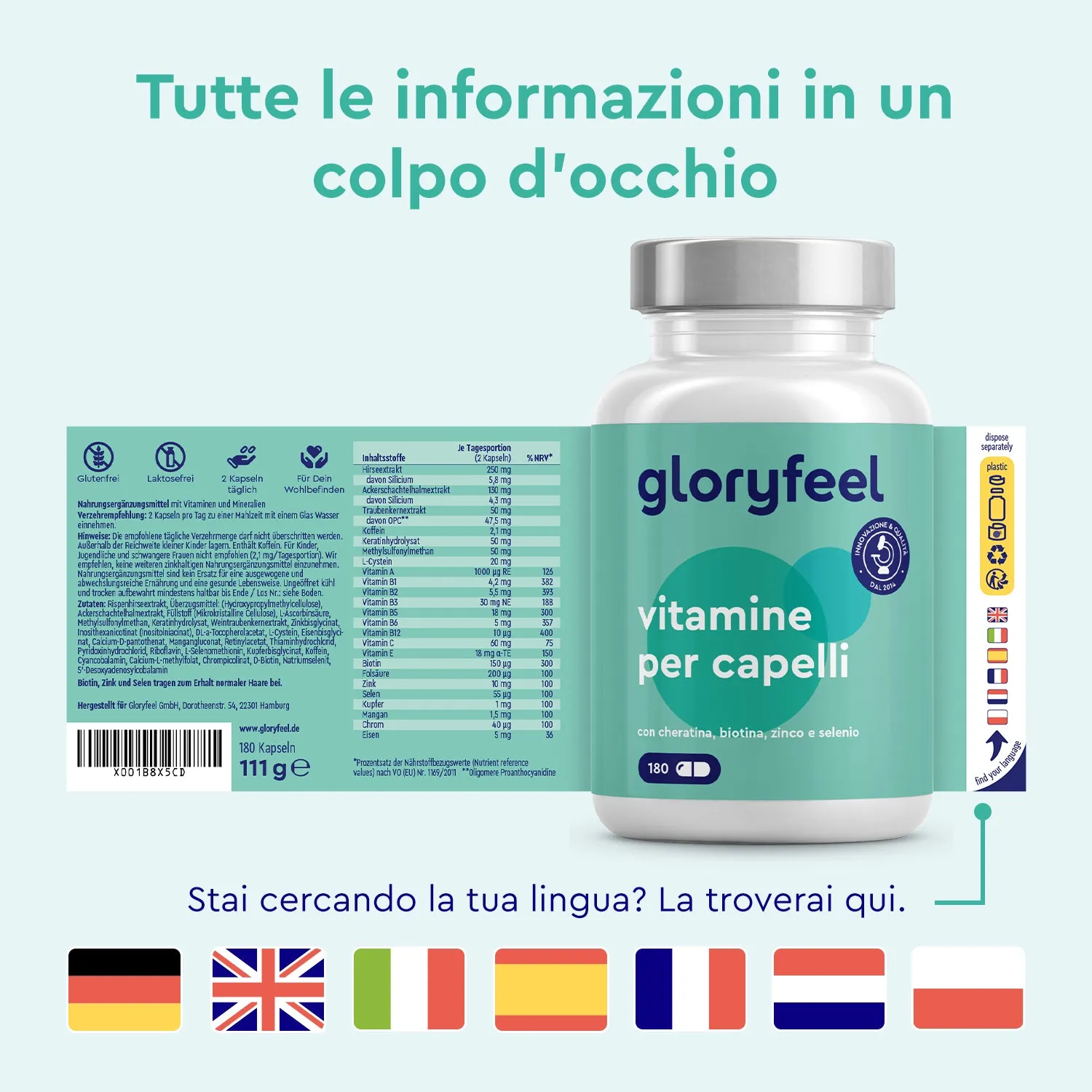 gloryfeel Vitamine per Capelli capsule 180 pezzi biotina cheratina