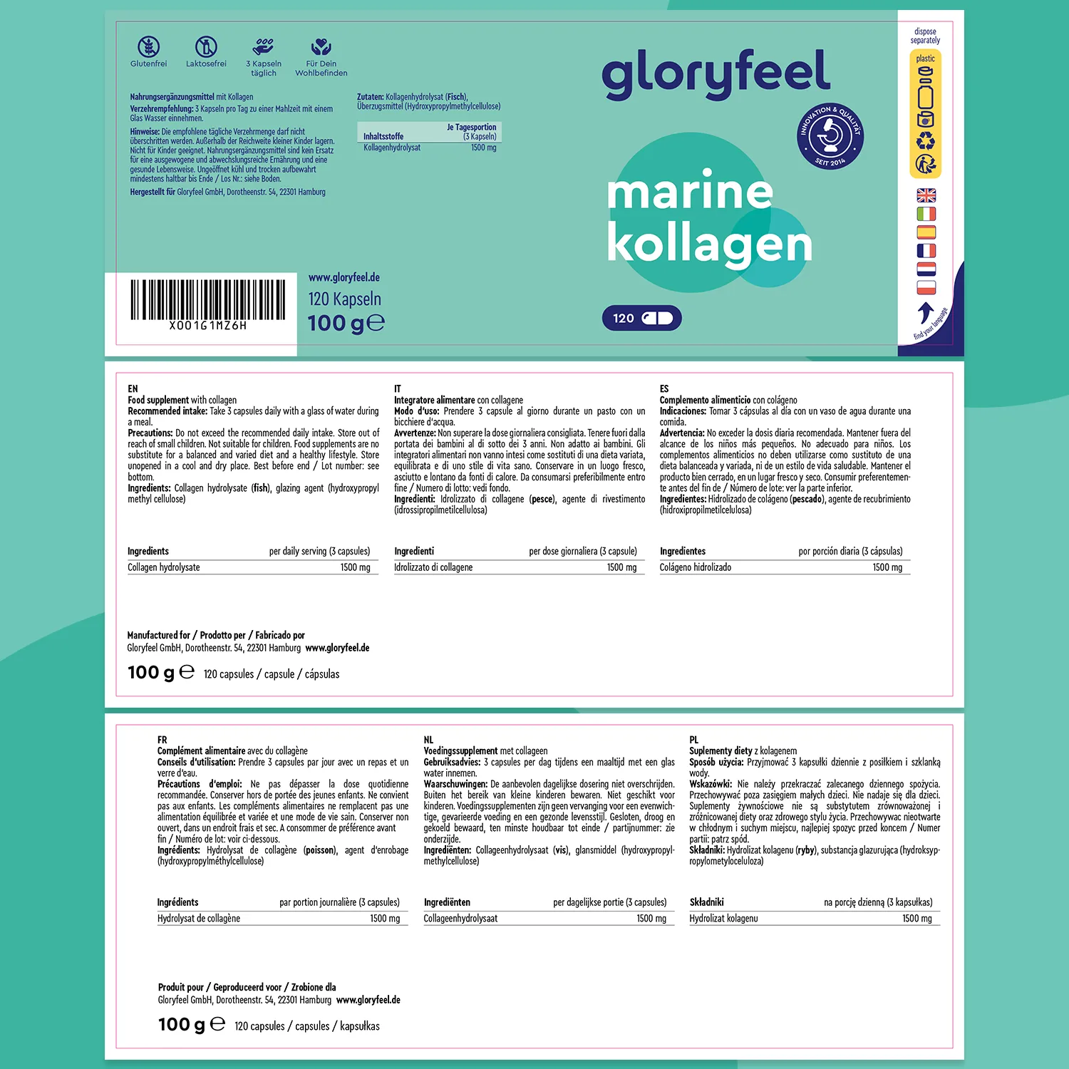gloryfeel Collagene Marino 120 capsule idrolizzato tipo I 1500 mg