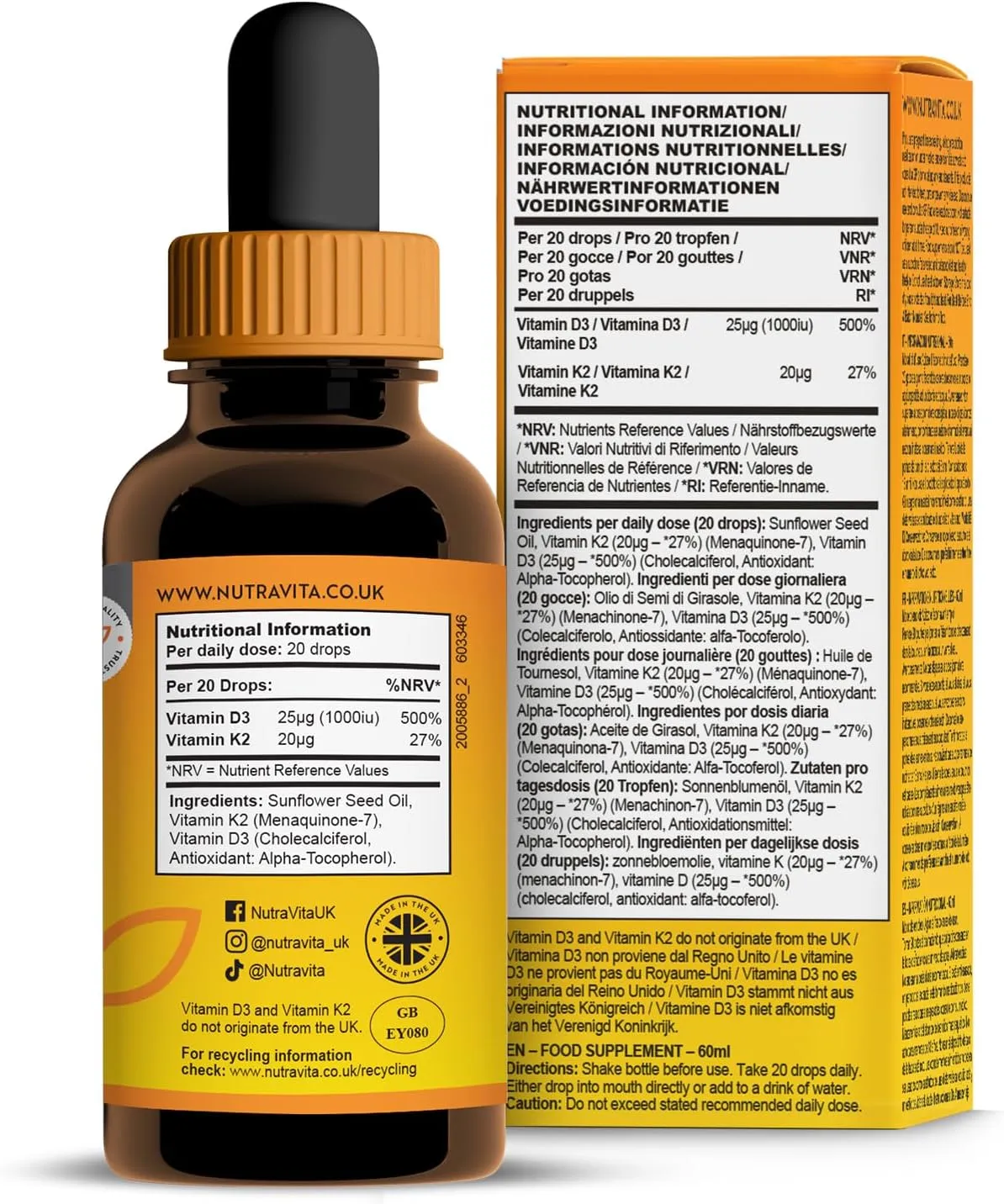 Nutravita Vitamina D3 K2 MK7 gocce 60ml 2200 gocce ossa