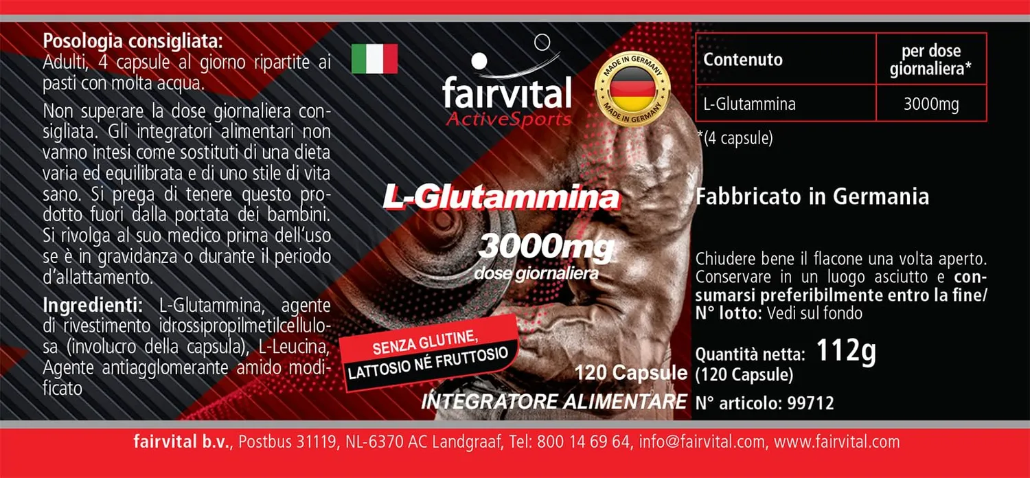 Fairvital L-Glutammina 3000 mg capsule 120 alto dosaggio vegano