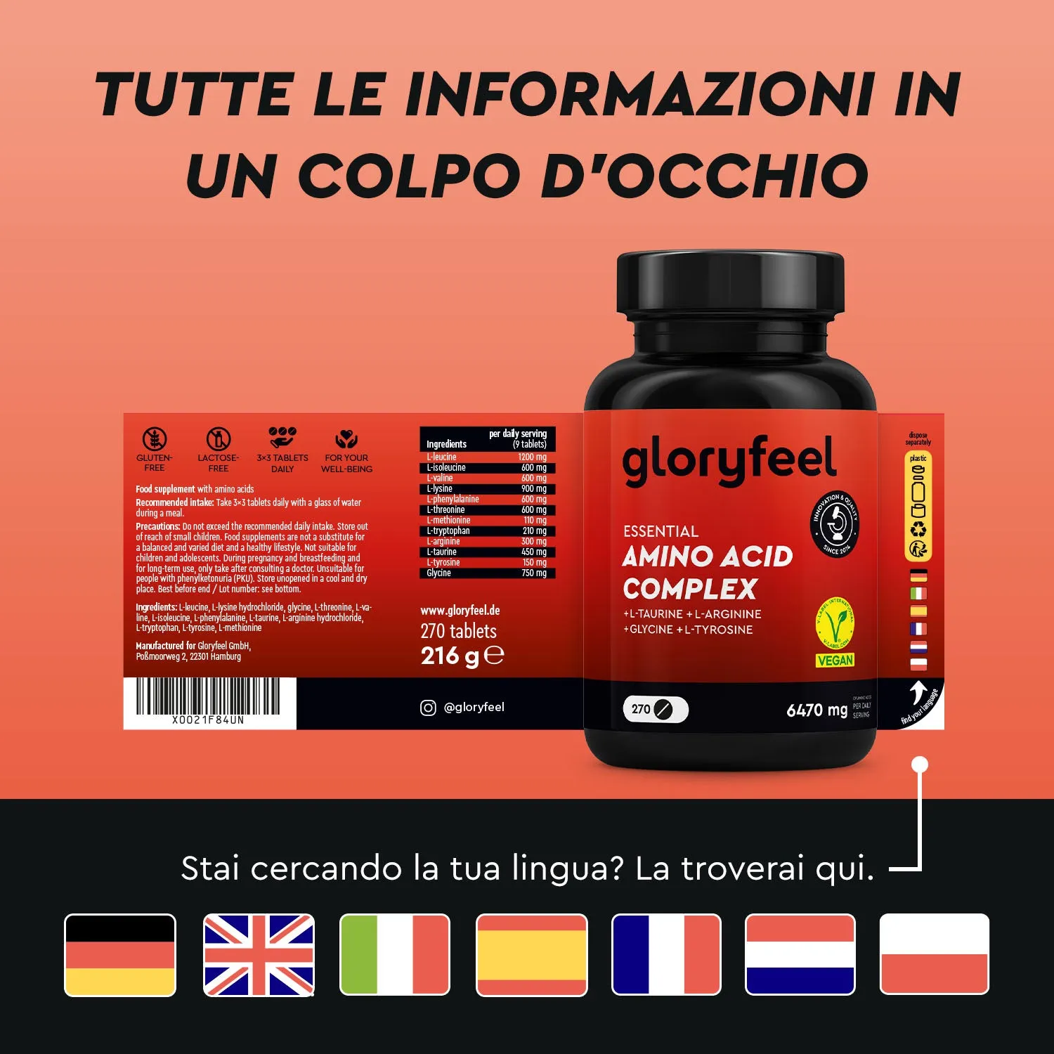 gloryfeel Aminoacidi Complex integratore essenziali con taurina