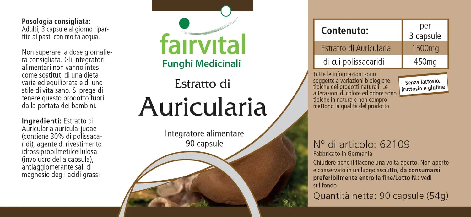 FAIRVITAL Auricularia estratto 500 mg 90 capsule 30% polisaccaridi