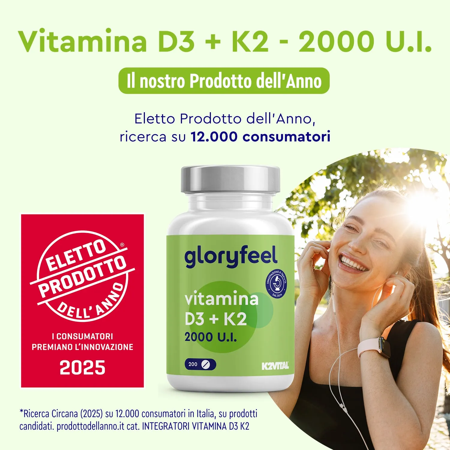 gloryfeel Vitamina D3 K2 2000 UI capsule 90 softgel con K2 MK-7