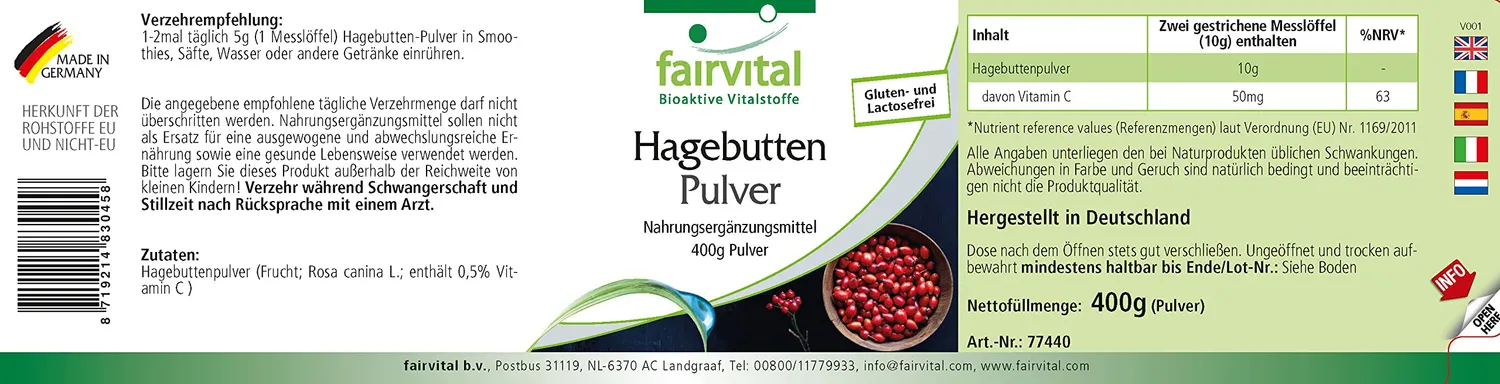 FAIRVITAL Rosa Canina Polvere 400g Vitamina C Naturale