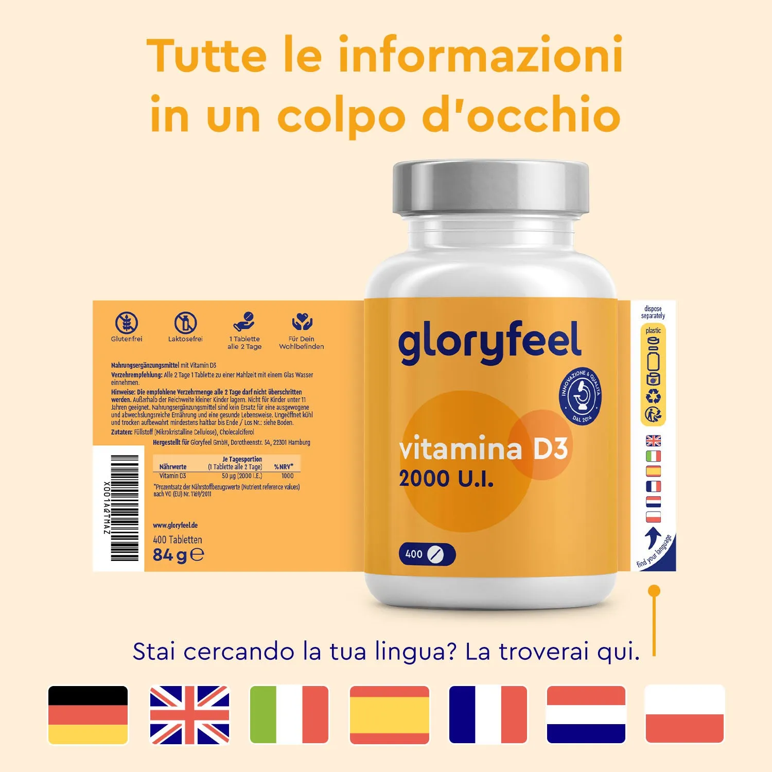 gloryfeel Vitamina D3 2000 U.I. compresse vegetariane ossa